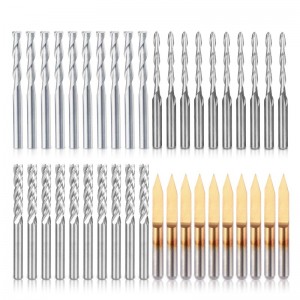 End Mill Combination Kit Set CNC Router Bits Cutter Cutting Milling Tool (4 Type, Each 10Pcs) Including Flat Nose/Ball Nose End Mill, 30° V-shape Engraving Bits and 4 Flutes End Mill